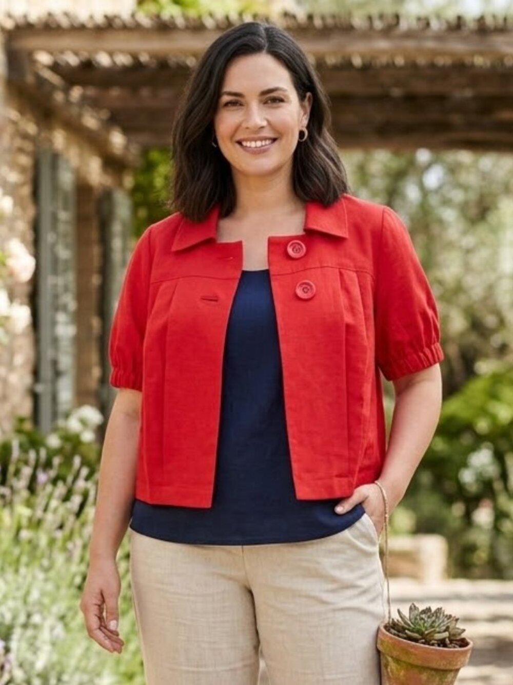 Grace Elements Women’s Crop Jacket Size 16 Red Short Sleeve Pleated Button Front